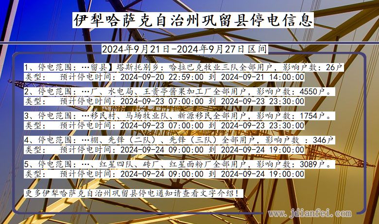 新疆维吾尔自治区伊犁哈萨克自治州巩留停电通知