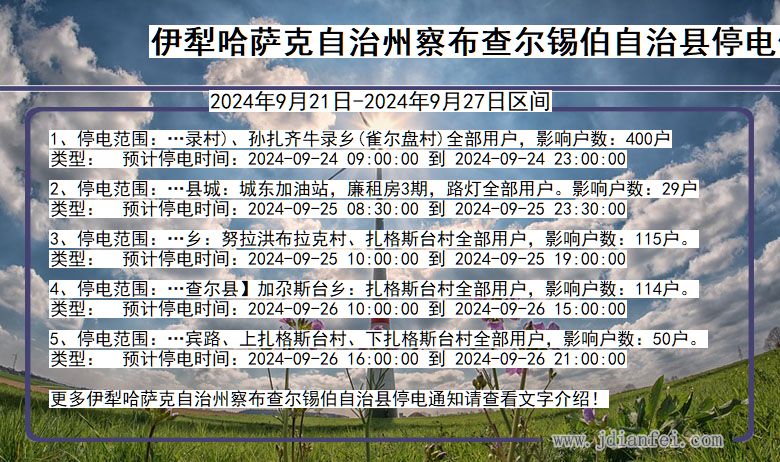 新疆维吾尔自治区伊犁哈萨克自治州察布查尔锡伯自治停电通知