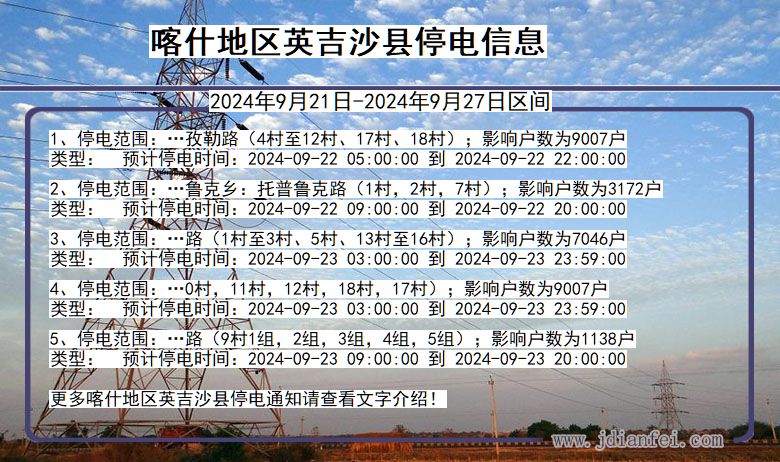 新疆维吾尔自治区喀什地区英吉沙停电通知