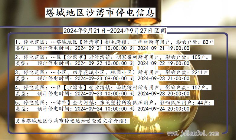 新疆维吾尔自治区塔城地区沙湾停电通知