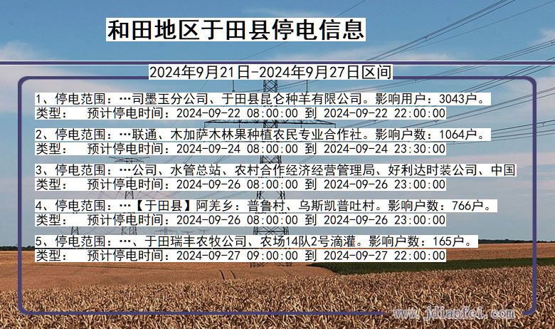 新疆维吾尔自治区和田地区于田停电通知