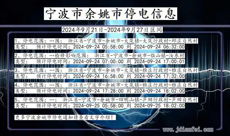 浙江省宁波余姚停电通知