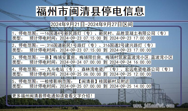 福建省福州闽清停电通知