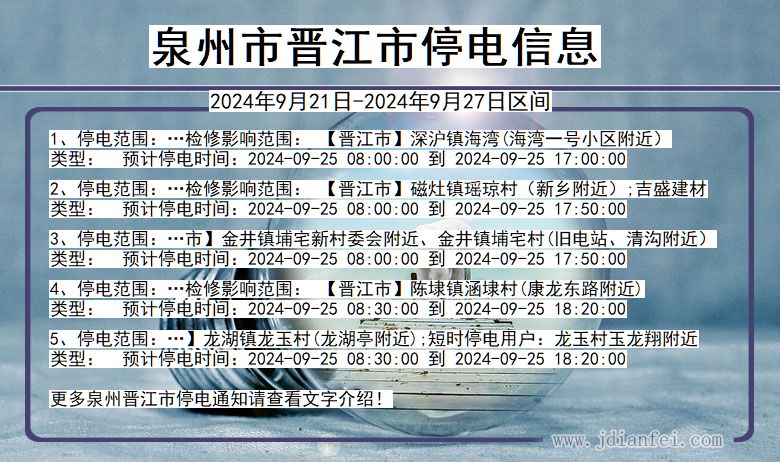 福建省泉州晋江停电通知