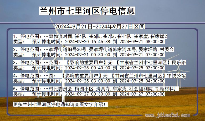 甘肃省兰州七里河停电通知