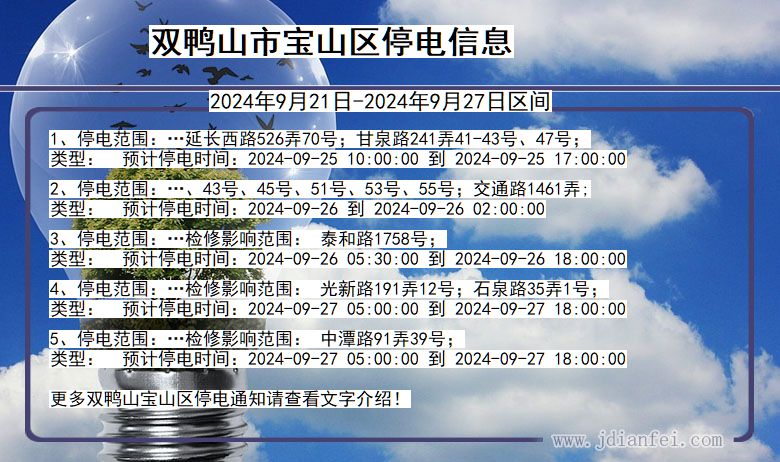 黑龙江省双鸭山宝山停电通知