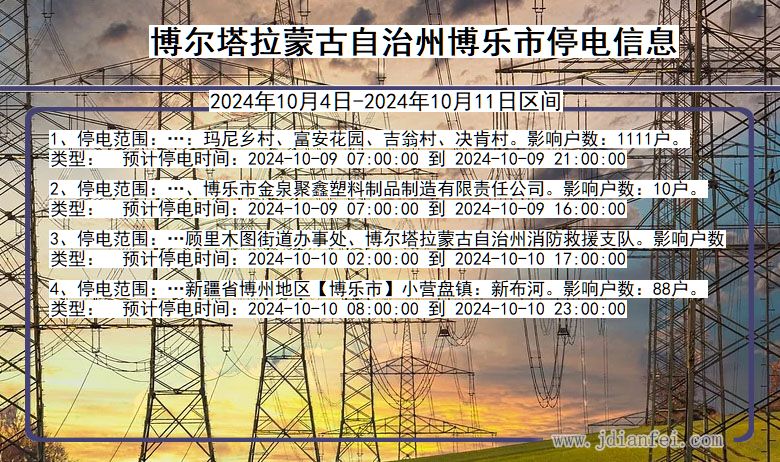 新疆维吾尔自治区博尔塔拉蒙古自治州博乐停电通知