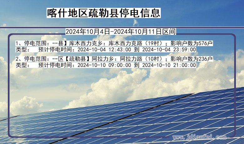 新疆维吾尔自治区喀什地区疏勒停电通知