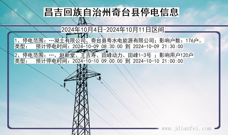 新疆维吾尔自治区昌吉回族自治州奇台停电通知