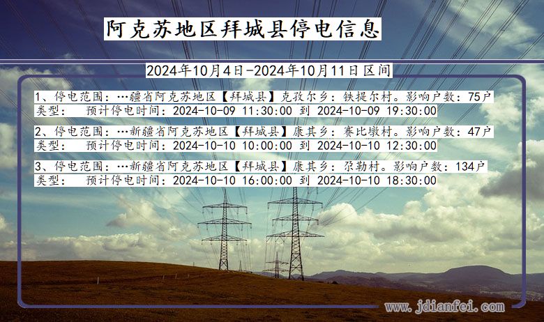 新疆维吾尔自治区阿克苏地区拜城停电通知