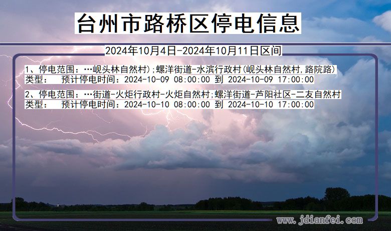 浙江省台州路桥停电通知