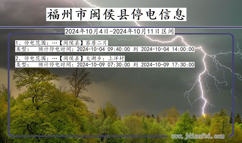 福建省福州闽侯停电通知