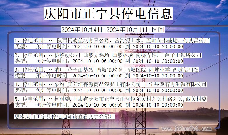 甘肃省庆阳正宁停电通知