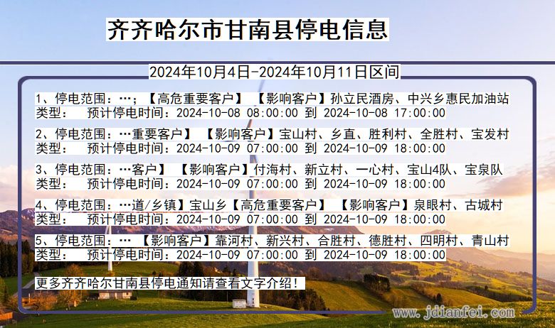 黑龙江省齐齐哈尔甘南停电通知