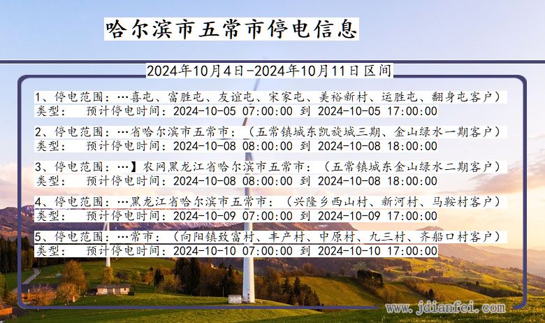 黑龙江省哈尔滨五常停电通知