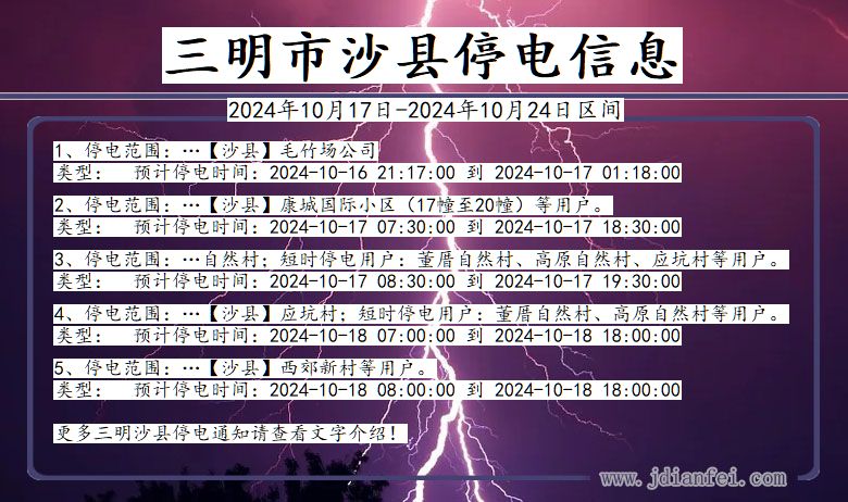 福建省三明沙县停电通知