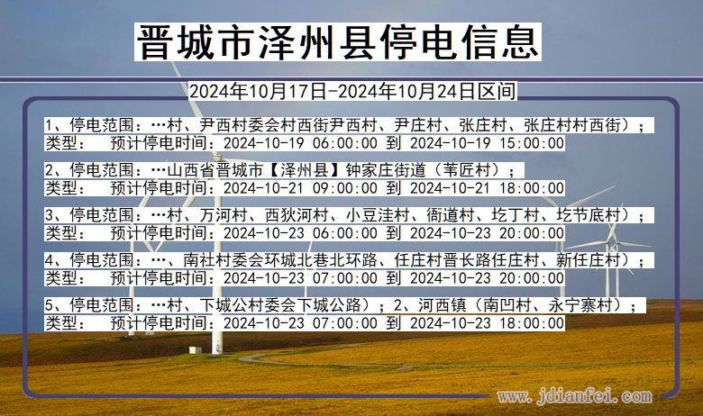 山西省晋城泽州停电通知