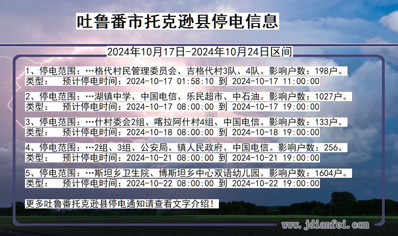 新疆维吾尔自治区吐鲁番托克逊停电通知