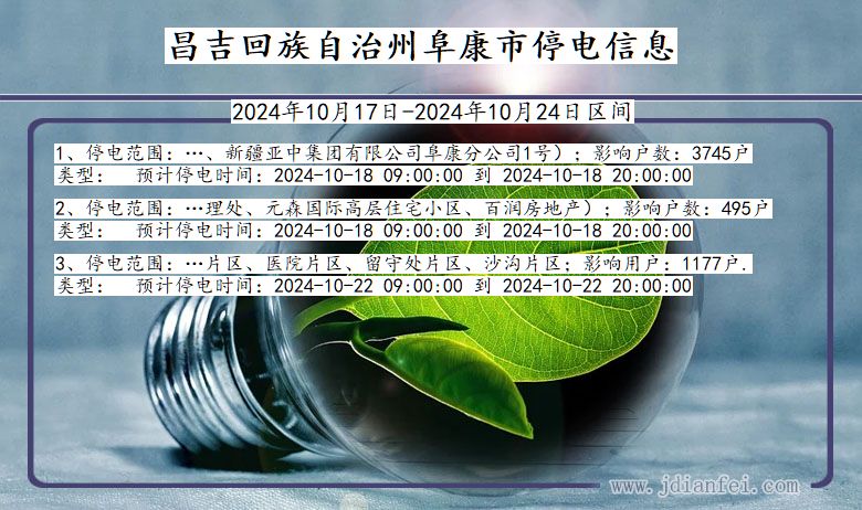 新疆维吾尔自治区昌吉回族自治州阜康停电通知