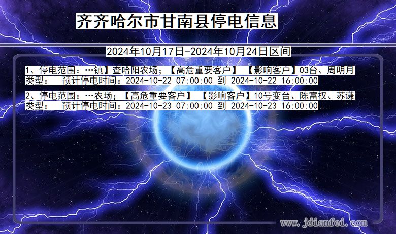 黑龙江省齐齐哈尔甘南停电通知