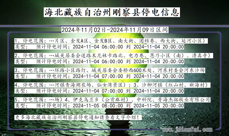 青海省海北藏族自治州刚察停电通知