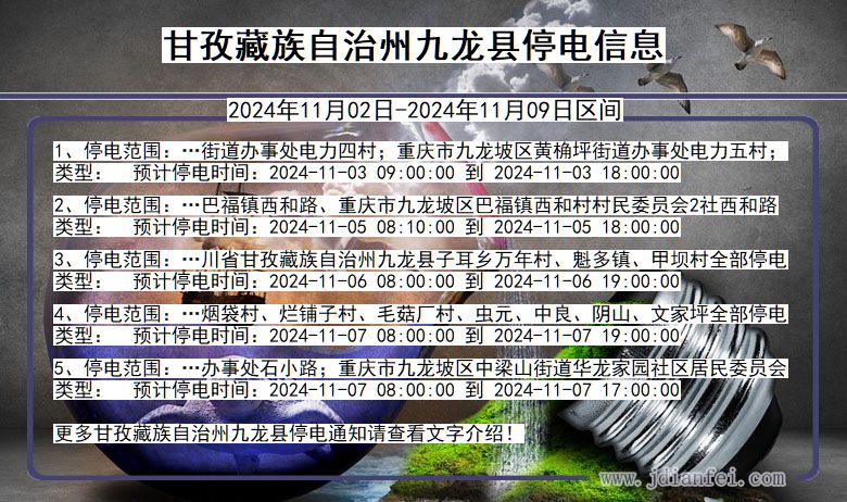 四川省甘孜藏族自治州九龙停电通知