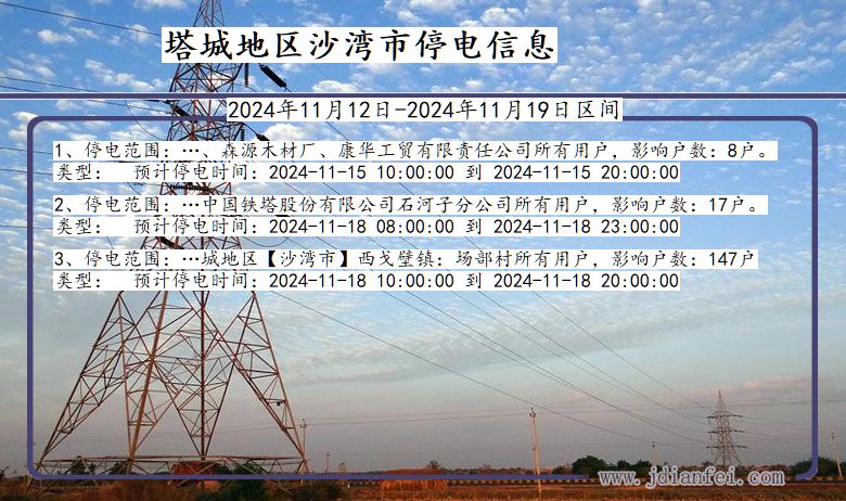 新疆维吾尔自治区塔城地区沙湾停电通知