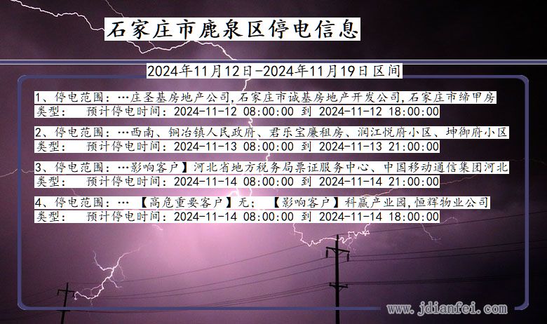 河北省石家庄鹿泉停电通知