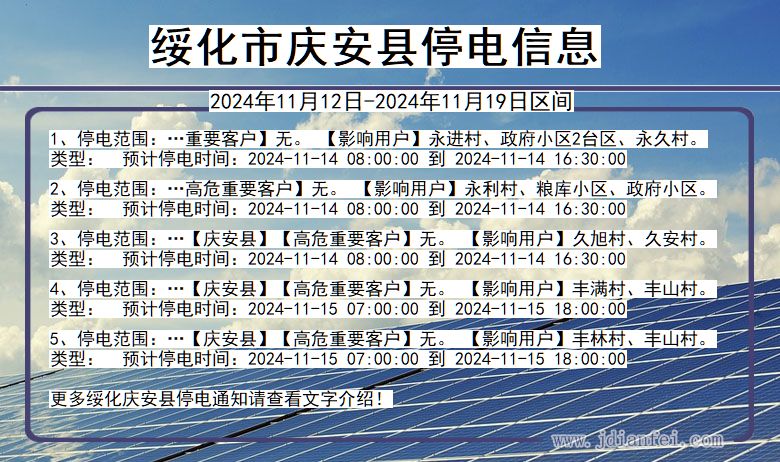 黑龙江省绥化庆安停电通知