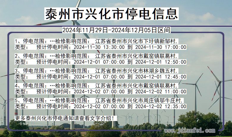 江苏省泰州兴化停电通知