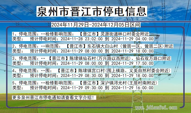 福建省泉州晋江停电通知