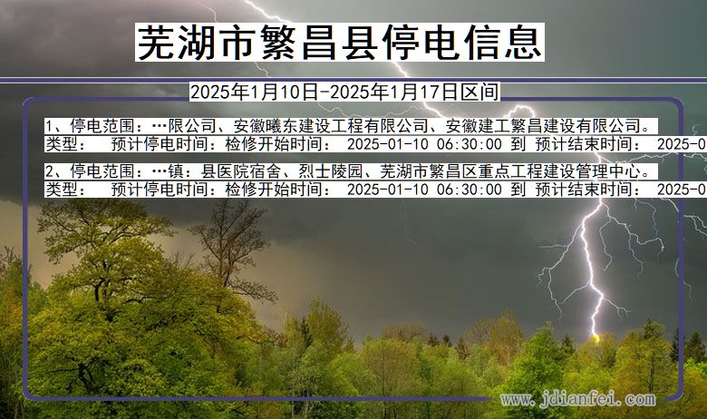 安徽省芜湖繁昌停电通知