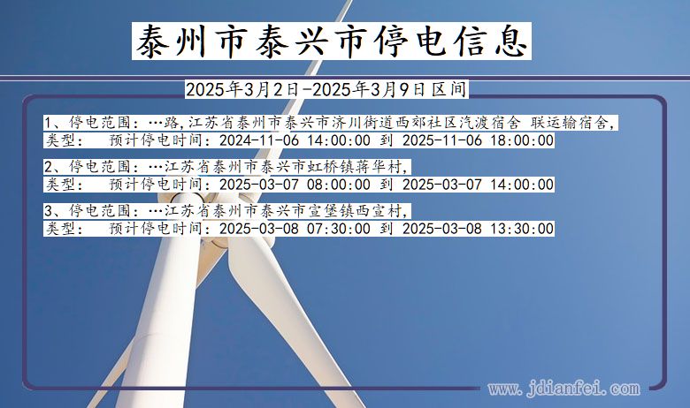 江苏省泰州泰兴停电通知