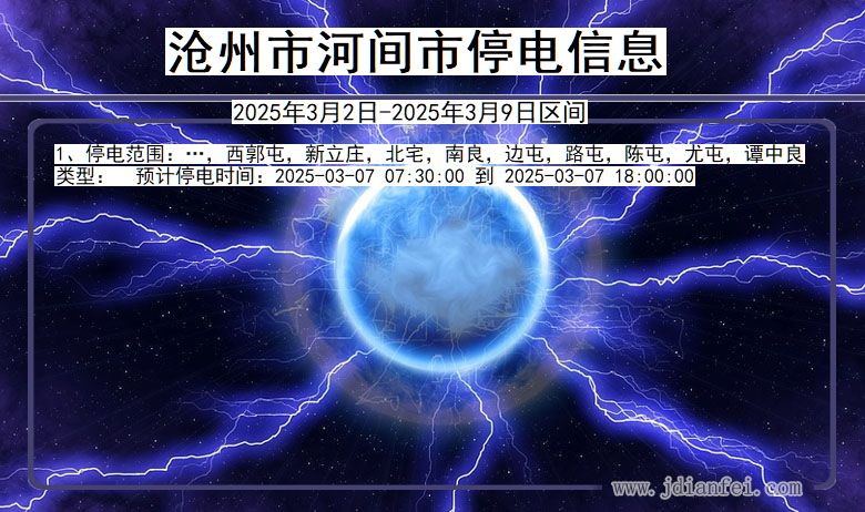 河北省沧州河间停电通知