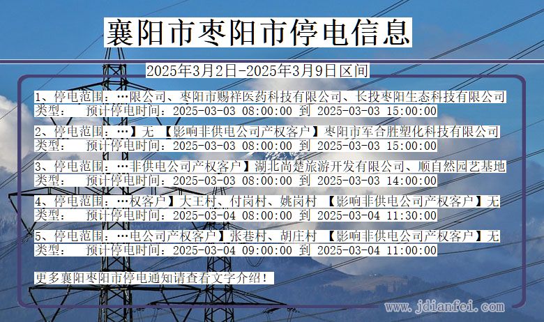 湖北省襄阳枣阳停电通知